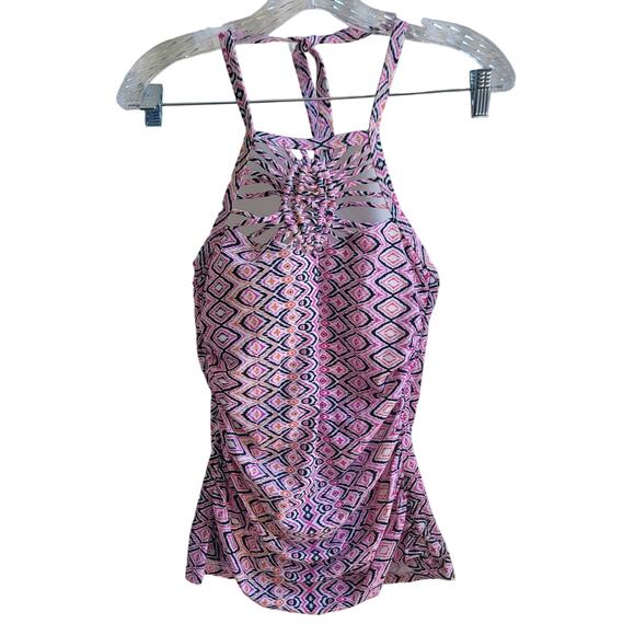 Island Escape Tankini Top Size‎ 8 Halter Padded Pink Geometric Pattern Woven - Picture 1 of 7